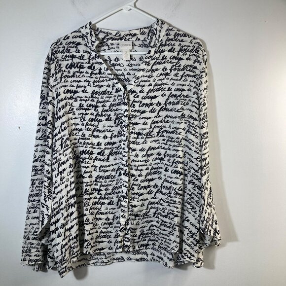 Womens Chicos V Neck Button Shirt French Words White Black L Viscose - Picture 1 of 9